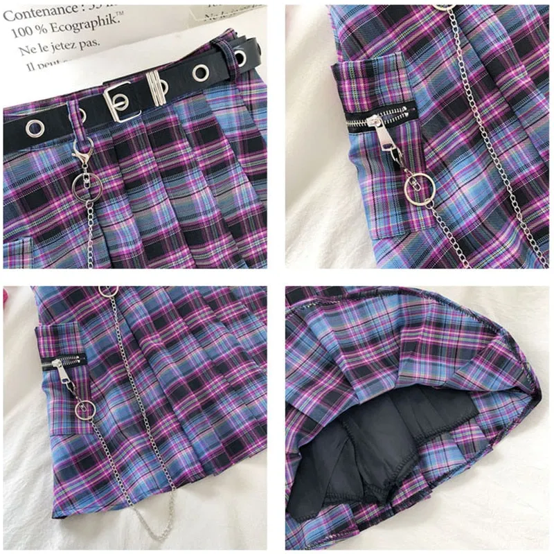 'Enter the Zone' High Waist Purple Grunge Plaid Skirt