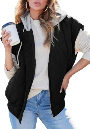 EVALESS Hooded Puffer Vest Women 2024 Zip Up Sleeveless Quilted Vests with Pockets