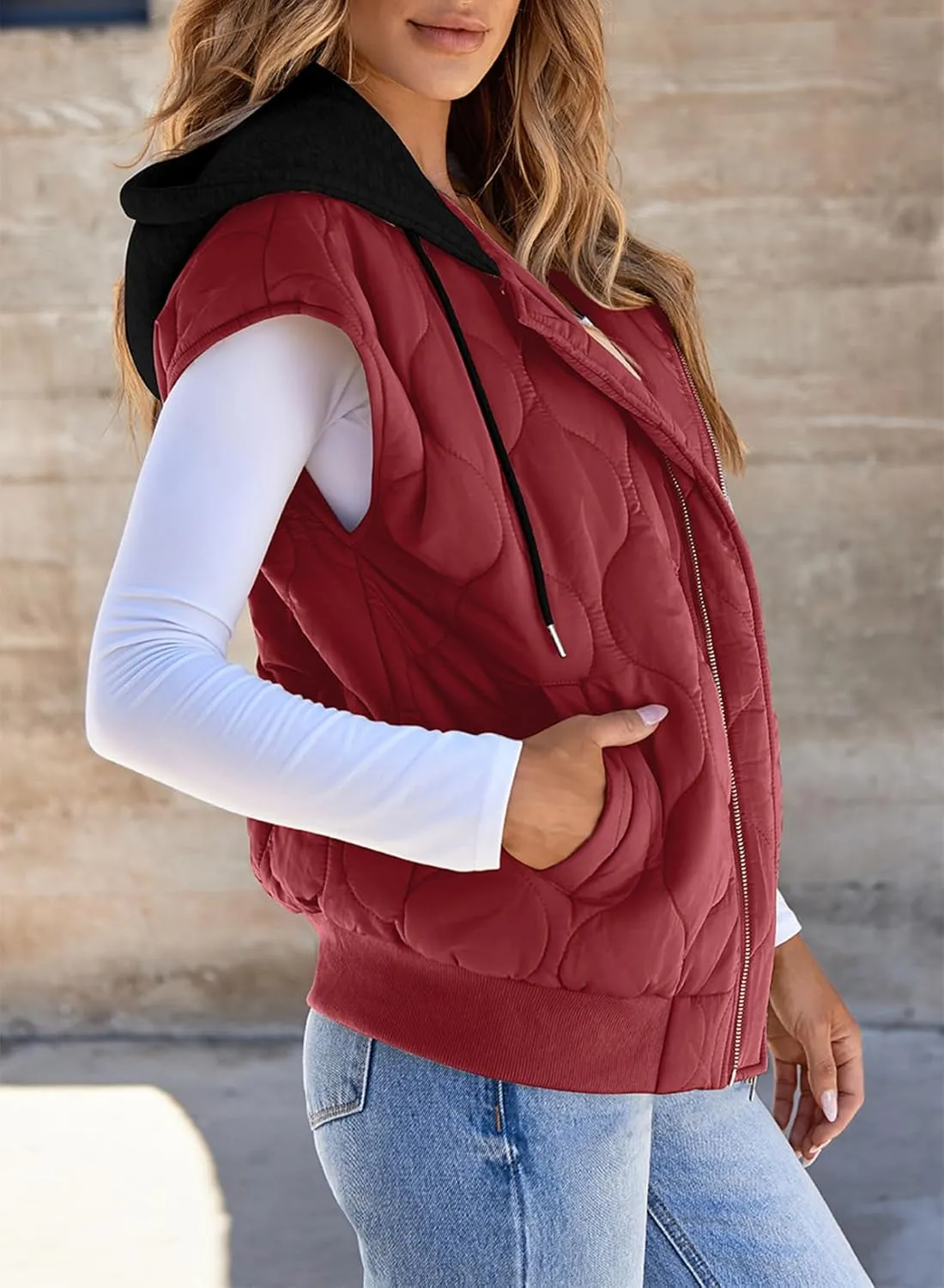 EVALESS Hooded Puffer Vest Women 2024 Zip Up Sleeveless Quilted Vests with Pockets