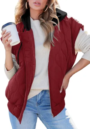 EVALESS Hooded Puffer Vest Women 2024 Zip Up Sleeveless Quilted Vests with Pockets