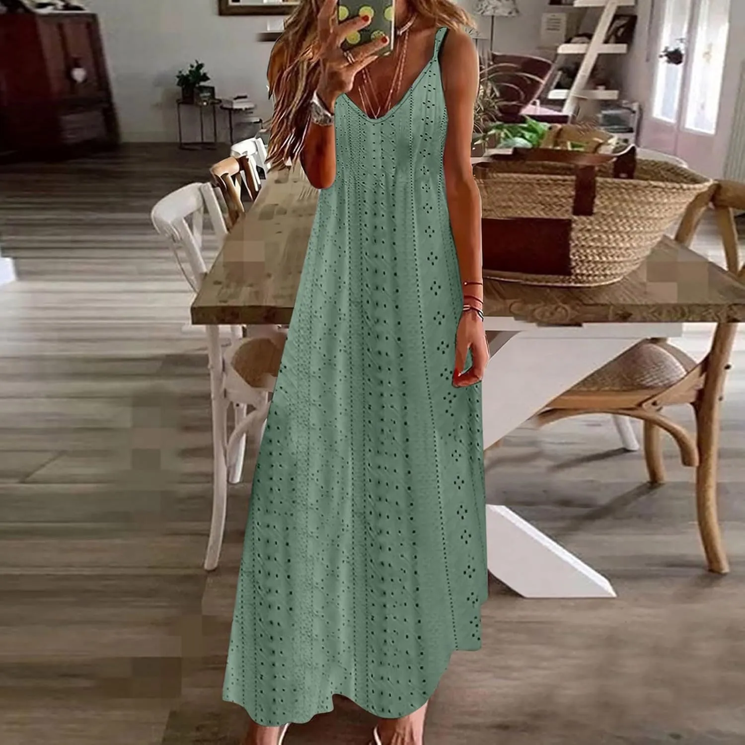 Eyelet Dress for Women Casual Loose V Neck Halter Tank Long Dress Vacation Boho Beach Maxi Sundresses Summer Dresses