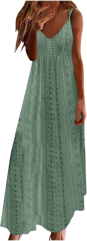 Eyelet Dress for Women Casual Loose V Neck Halter Tank Long Dress Vacation Boho Beach Maxi Sundresses Summer Dresses