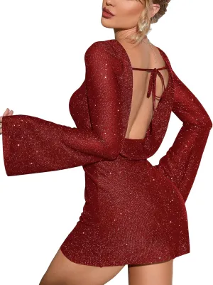 EYNMIN Women's Sparkly Sequin Backless Tie Mini Dress Long Sleeve Glitter Bodycon Party Club Dresses