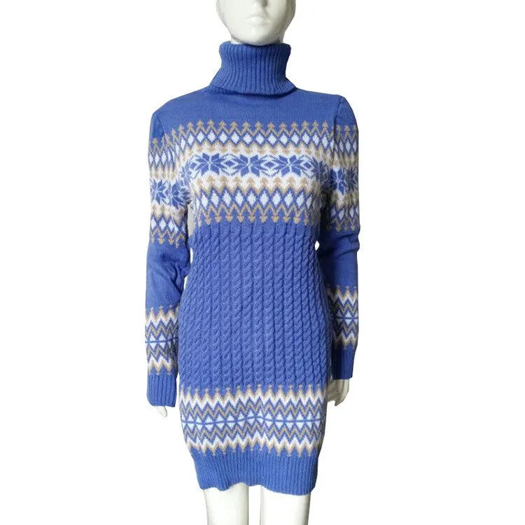 Fashion Long Sleeve High Neck Print Long Knit Sweater