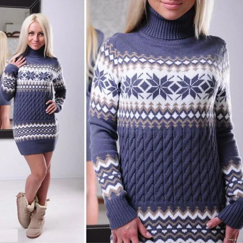 Fashion Long Sleeve High Neck Print Long Knit Sweater