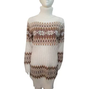 Fashion Long Sleeve High Neck Print Long Knit Sweater