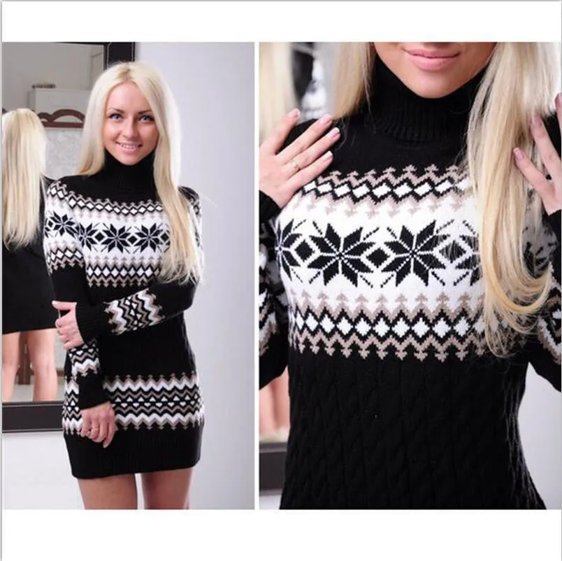 Fashion Long Sleeve High Neck Print Long Knit Sweater