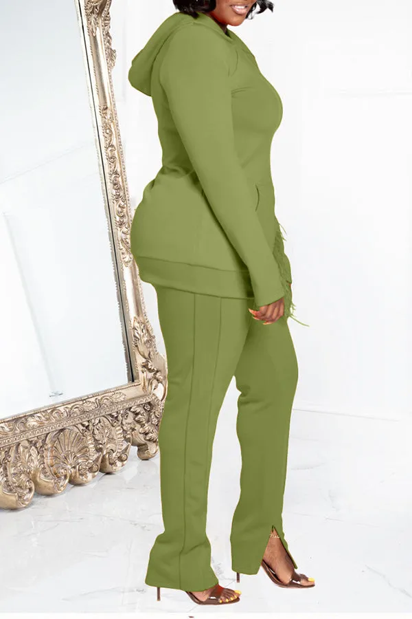 Feather Pocket Hooded Casual Pant Suits
