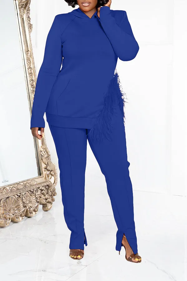 Feather Pocket Hooded Casual Pant Suits