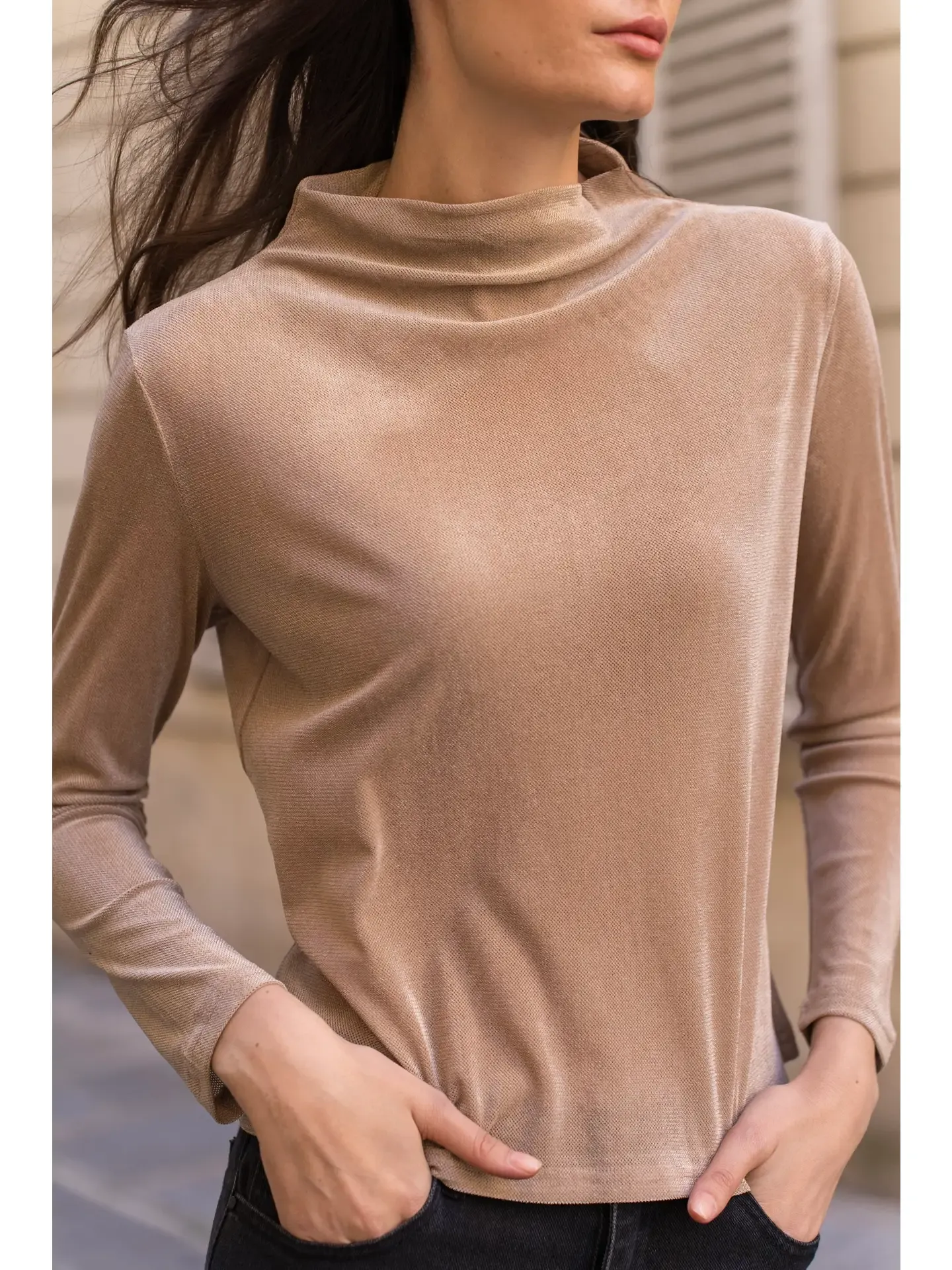 FINAL SALE Camel High Neck Velvet Shirt