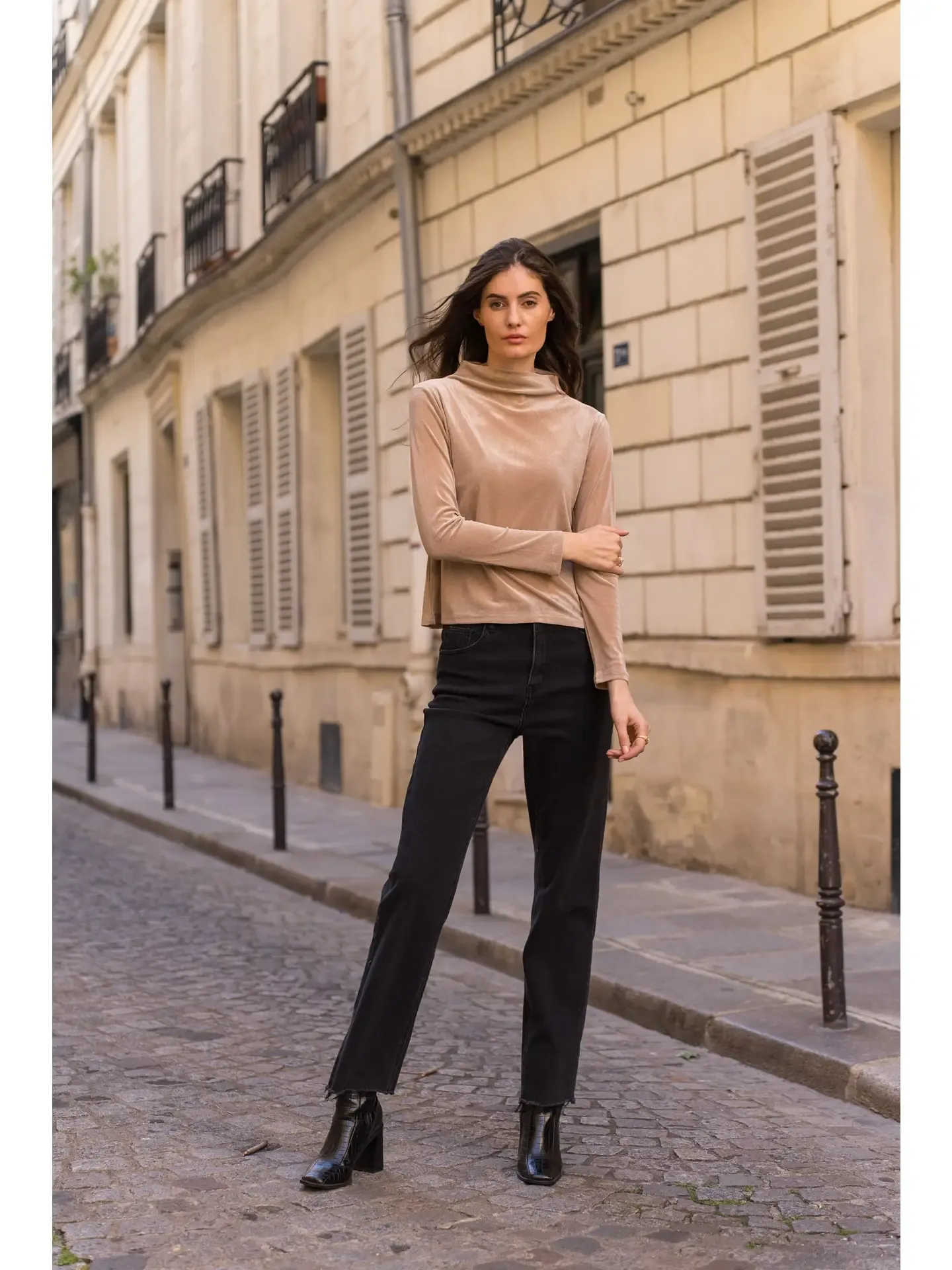 FINAL SALE Camel High Neck Velvet Shirt