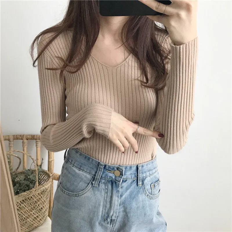 Fitted Stretchable Women Korean All-Matching Slimming Long Sleeved Sweater