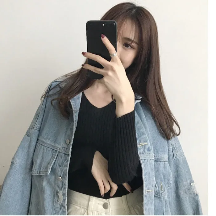 Fitted Stretchable Women Korean All-Matching Slimming Long Sleeved Sweater