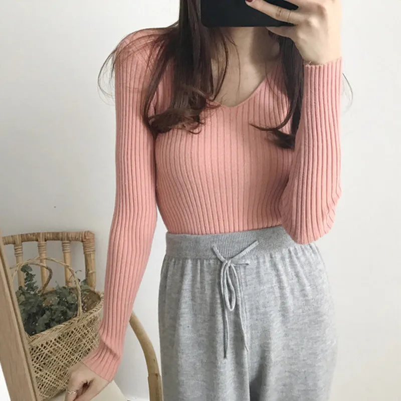 Fitted Stretchable Women Korean All-Matching Slimming Long Sleeved Sweater