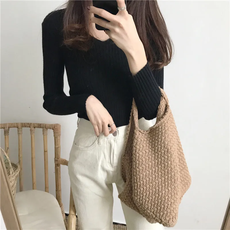 Fitted Stretchable Women Korean All-Matching Slimming Long Sleeved Sweater