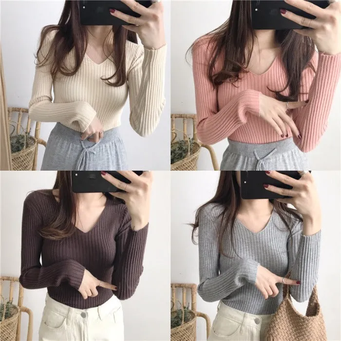 Fitted Stretchable Women Korean All-Matching Slimming Long Sleeved Sweater