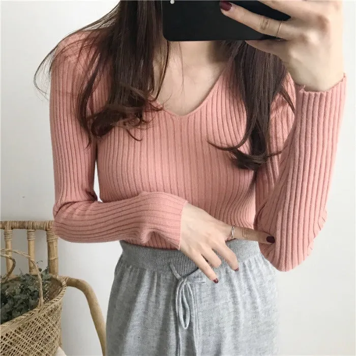Fitted Stretchable Women Korean All-Matching Slimming Long Sleeved Sweater
