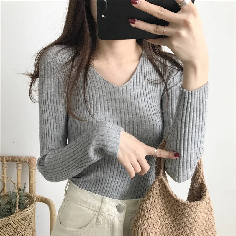 Fitted Stretchable Women Korean All-Matching Slimming Long Sleeved Sweater