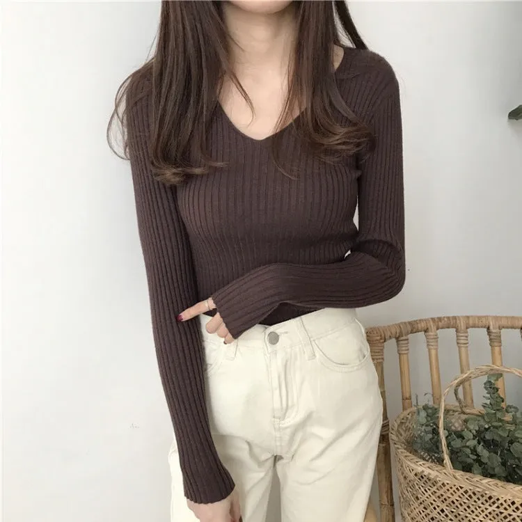 Fitted Stretchable Women Korean All-Matching Slimming Long Sleeved Sweater