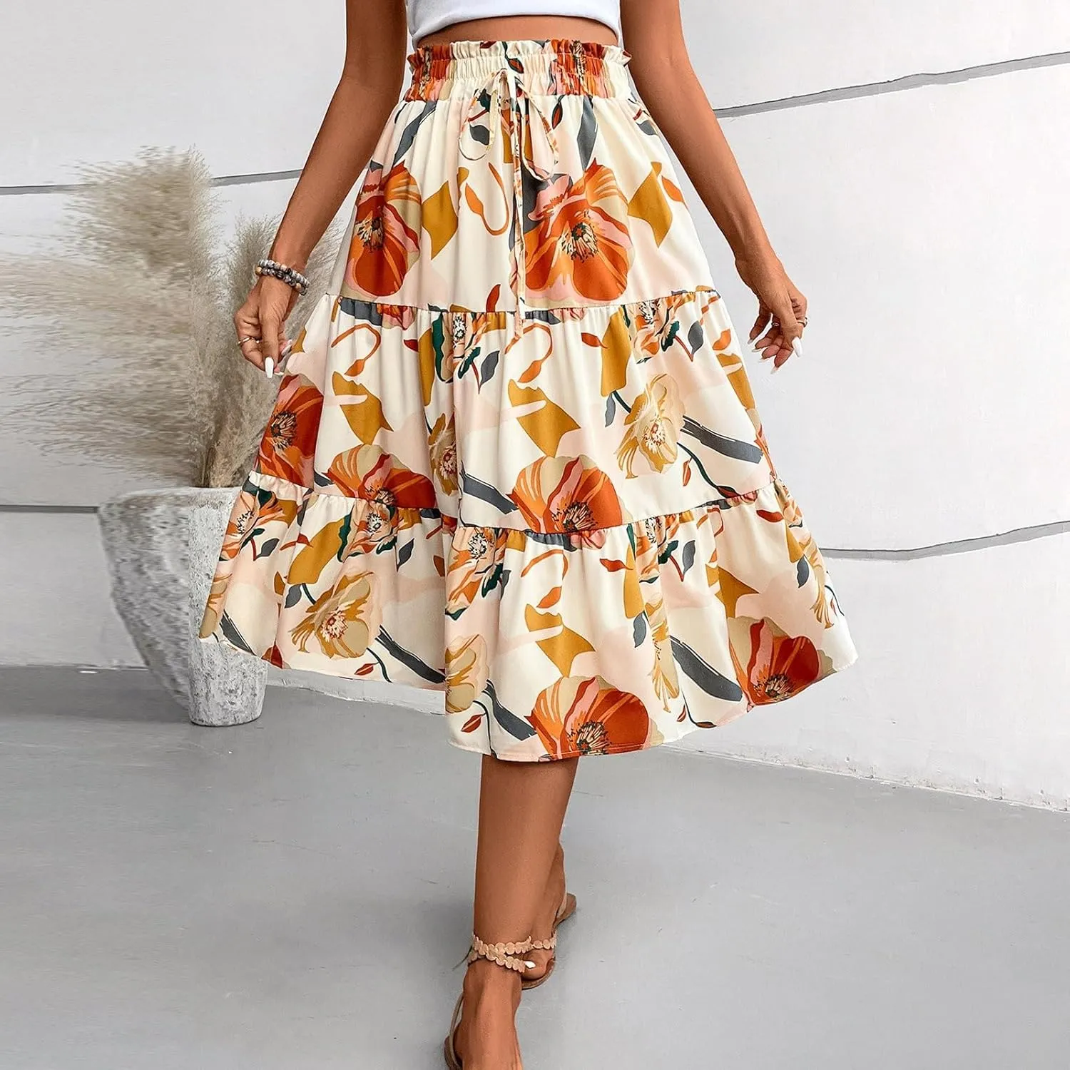 Floral Boho Skirts for Women Summer Comfy Tiered Elastic High Waisted Skirts Vacation A-Line Flowy Swing Long Skirts