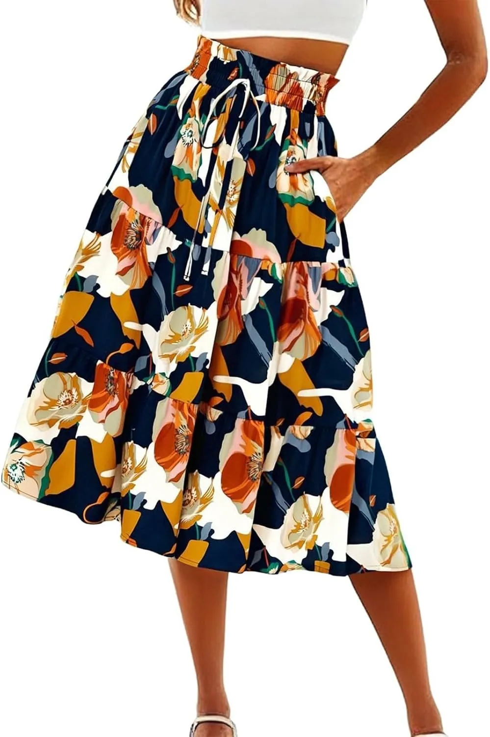 Floral Boho Skirts for Women Summer Comfy Tiered Elastic High Waisted Skirts Vacation A-Line Flowy Swing Long Skirts