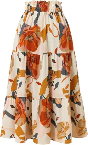 Floral Boho Skirts for Women Summer Comfy Tiered Elastic High Waisted Skirts Vacation A-Line Flowy Swing Long Skirts