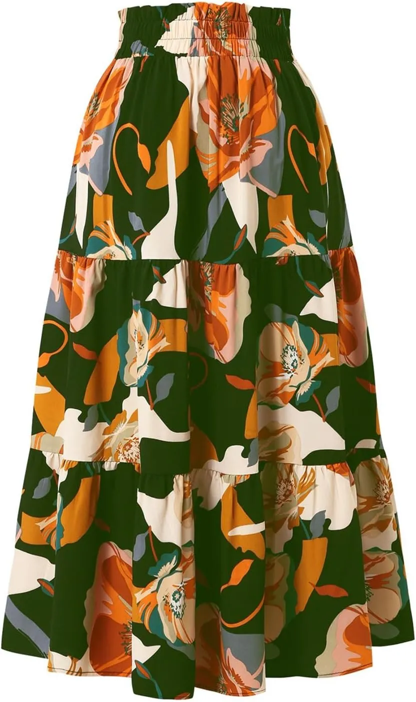 Floral Boho Skirts for Women Summer Comfy Tiered Elastic High Waisted Skirts Vacation A-Line Flowy Swing Long Skirts