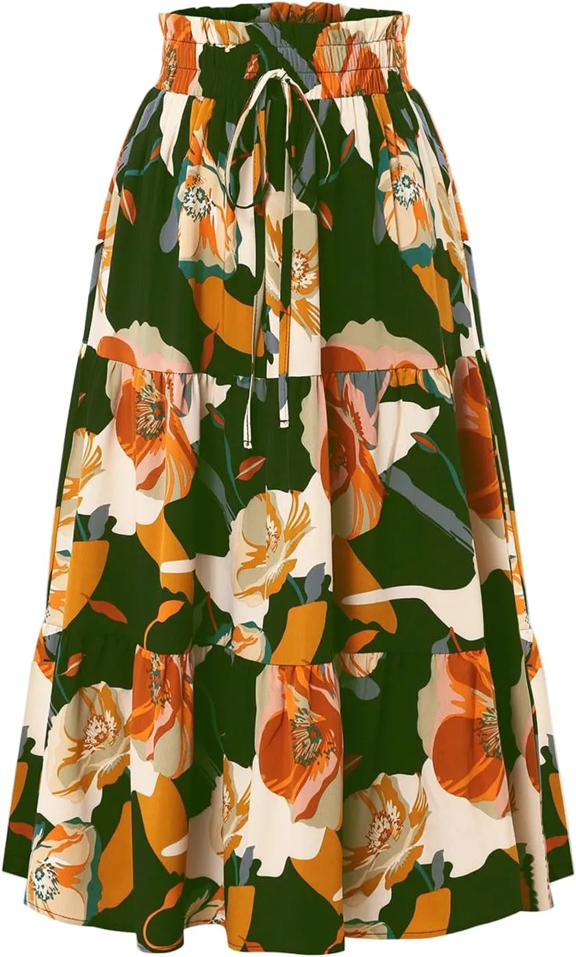 Floral Boho Skirts for Women Summer Comfy Tiered Elastic High Waisted Skirts Vacation A-Line Flowy Swing Long Skirts