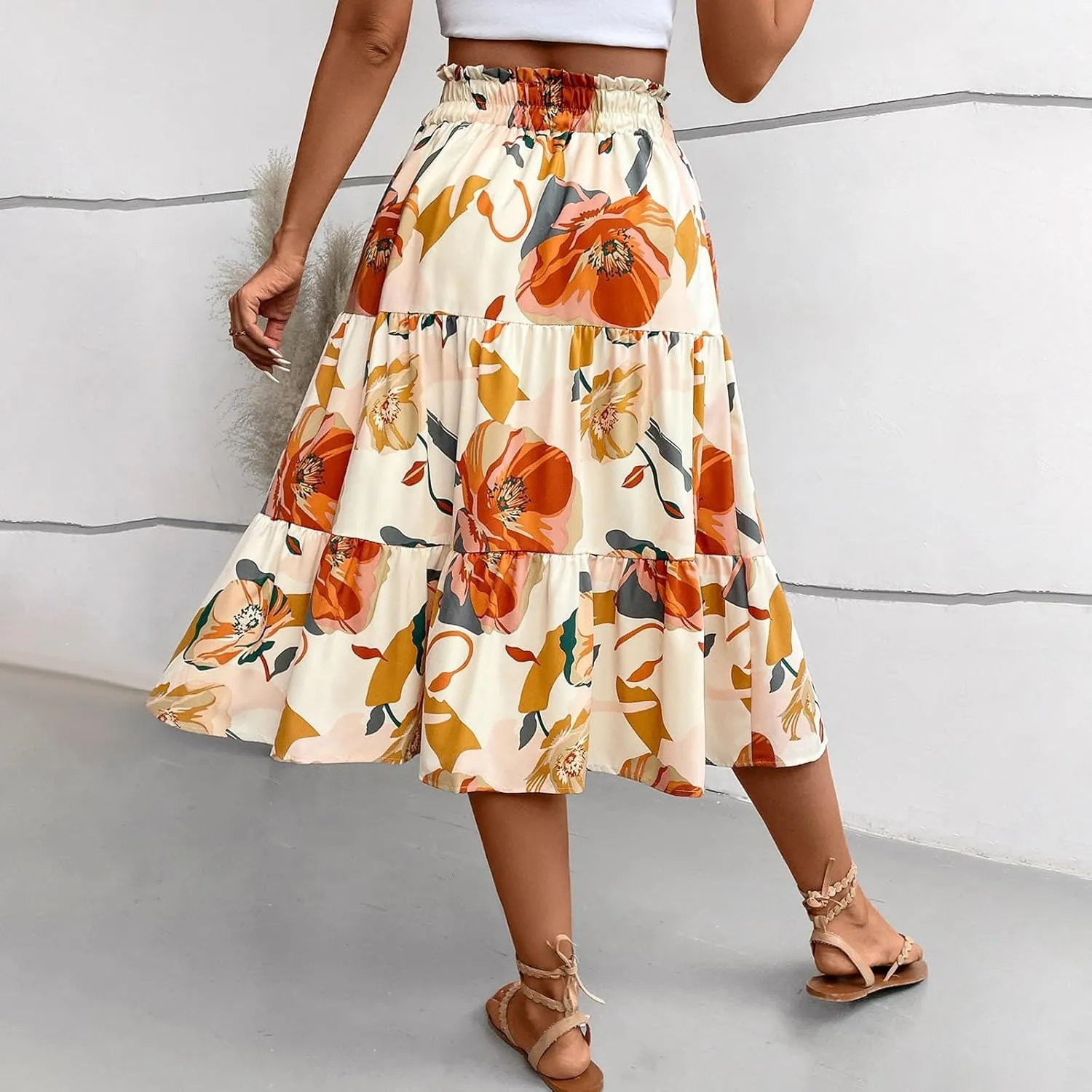 Floral Boho Skirts for Women Summer Comfy Tiered Elastic High Waisted Skirts Vacation A-Line Flowy Swing Long Skirts