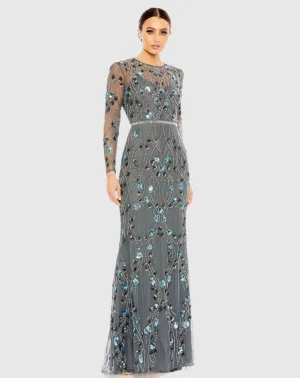 Floral Embellished Long Sleeve Gown - Charcoal