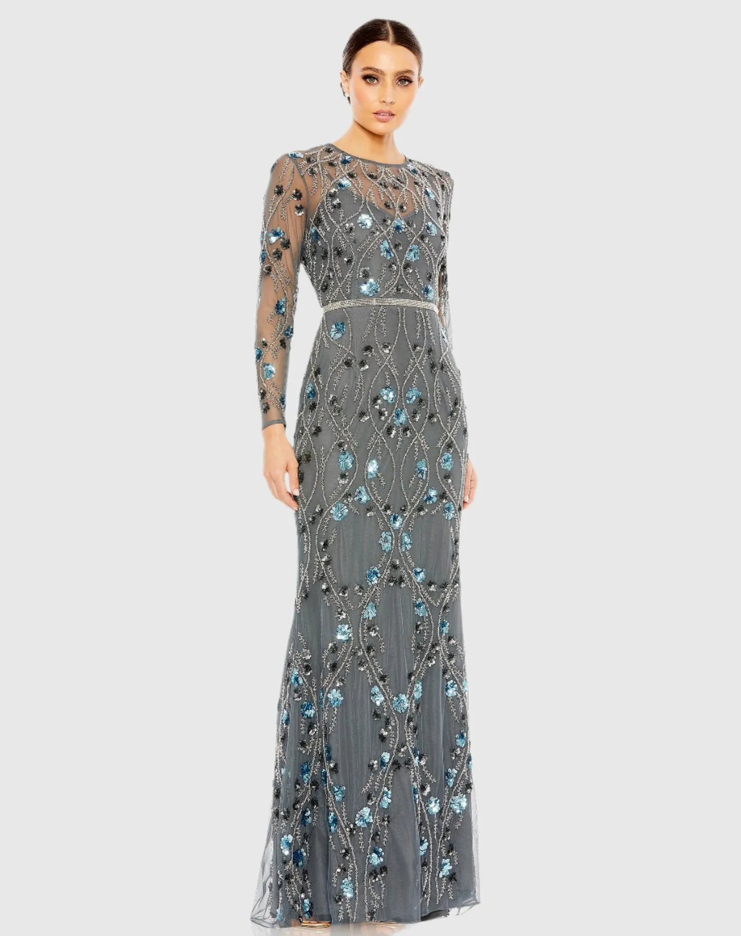 Floral Embellished Long Sleeve Gown - Charcoal