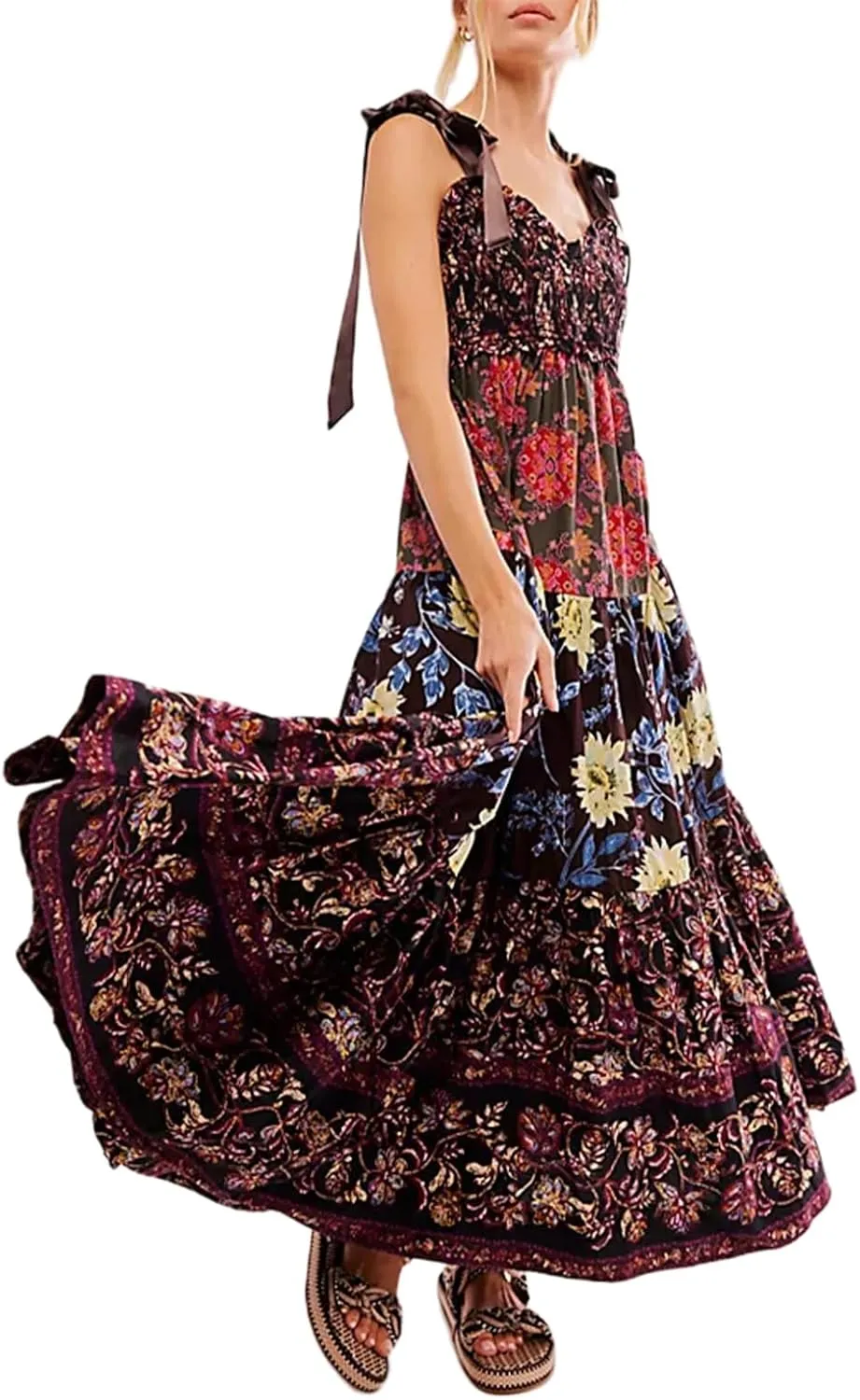 Floral Maxi Dresses for Women Sleeveless Tie Shoulder Smocked Flowy Boho Long Dress Y2k Summer Vacation Sundress