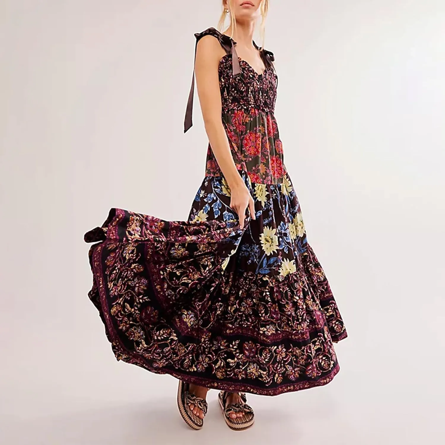 Floral Maxi Dresses for Women Sleeveless Tie Shoulder Smocked Flowy Boho Long Dress Y2k Summer Vacation Sundress