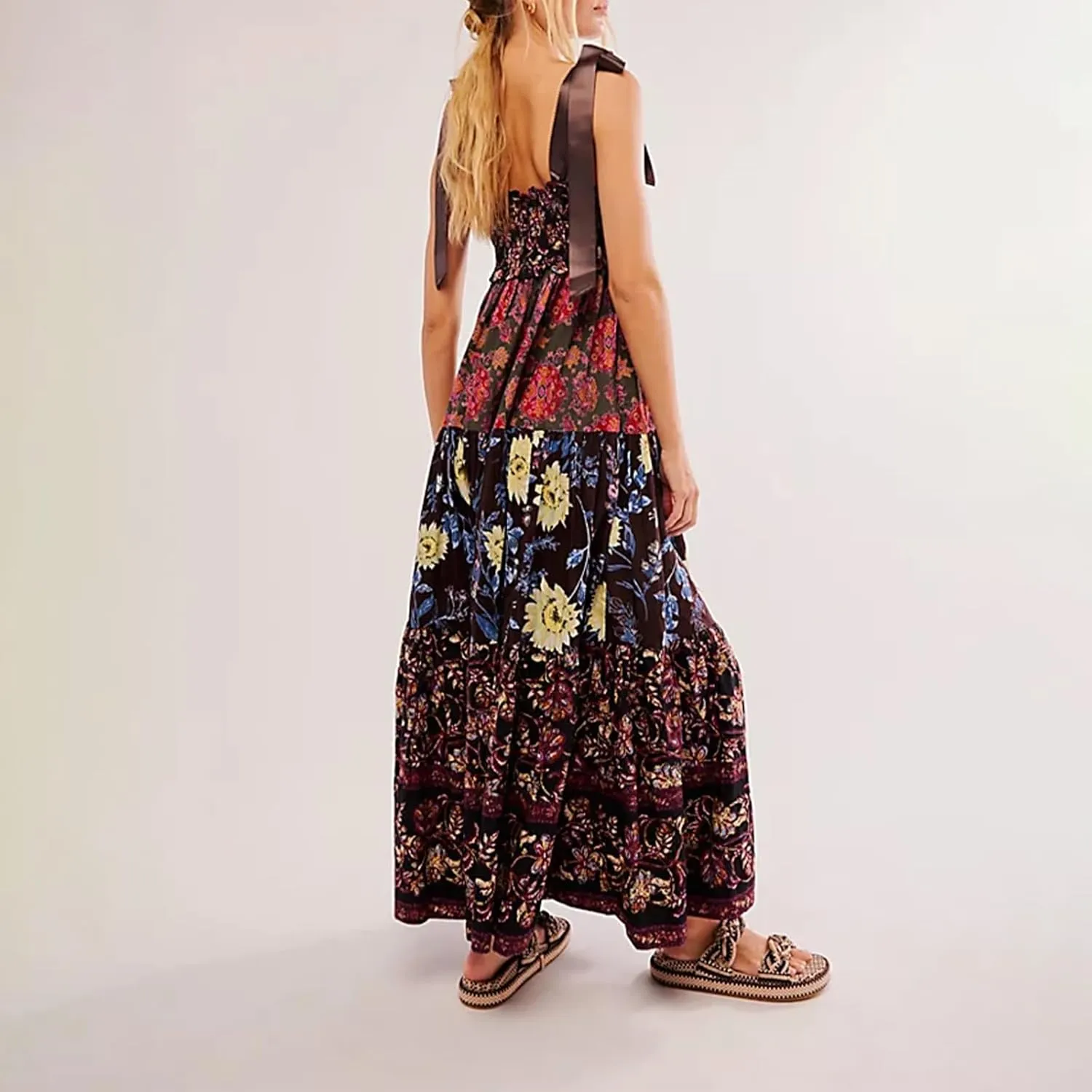 Floral Maxi Dresses for Women Sleeveless Tie Shoulder Smocked Flowy Boho Long Dress Y2k Summer Vacation Sundress