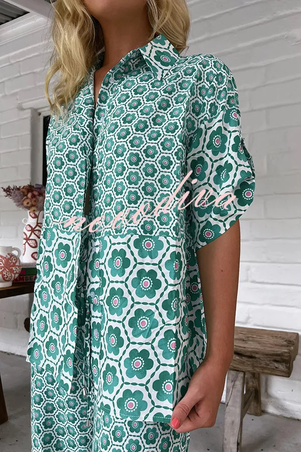 Floral Print Loose Short Sleeve Shirt and Elastic Waist Wide Leg Pants Set