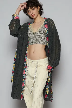 Floral Trim Lace Open Front Longline Cardigan