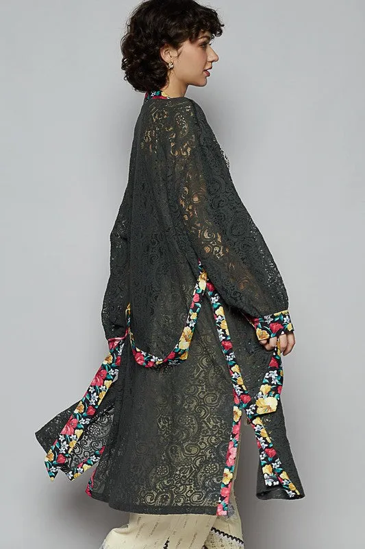 Floral Trim Lace Open Front Longline Cardigan