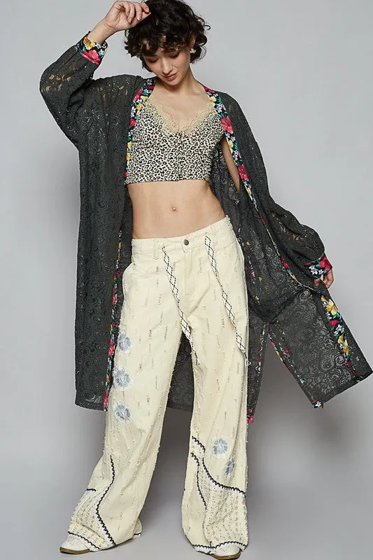 Floral Trim Lace Open Front Longline Cardigan