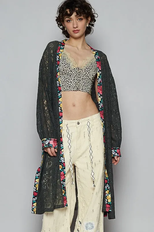 Floral Trim Lace Open Front Longline Cardigan