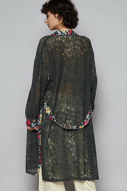 Floral Trim Lace Open Front Longline Cardigan