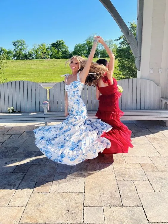 Flowy Floral A-Line Prom Dress Long Evening Dresses for Party Events