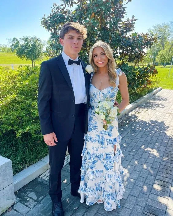 Flowy Floral A-Line Prom Dress Long Evening Dresses for Party Events