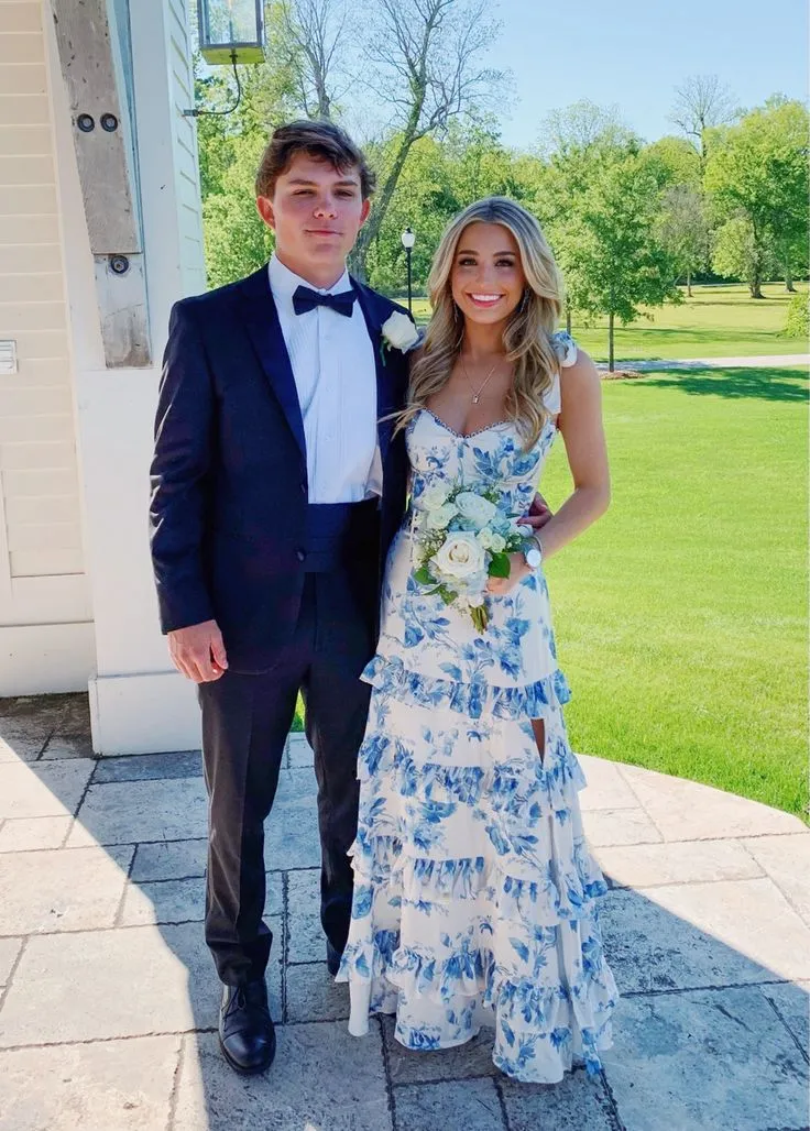 Flowy Floral A-Line Prom Dress Long Evening Dresses for Party Events