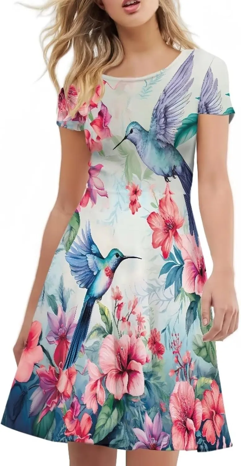 Forchrinse Purple Galaxy Starry Space Womens Dress Short Sleeve Summer Sundress Plus Size Tunic Dresses Elegant Midi Dress