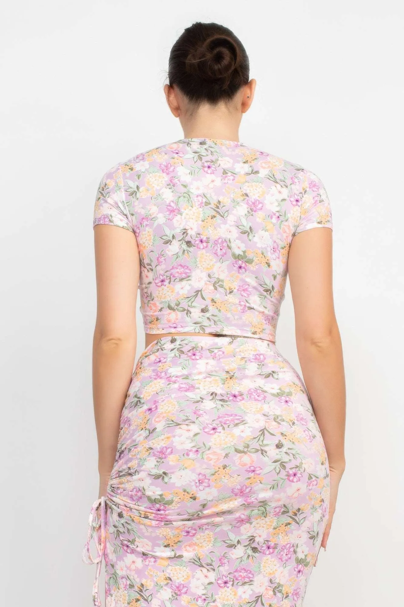 Front Knot Floral Top & Ruched Maxi Skirts Set Trendy Floral Print Flattering Comfort & Style