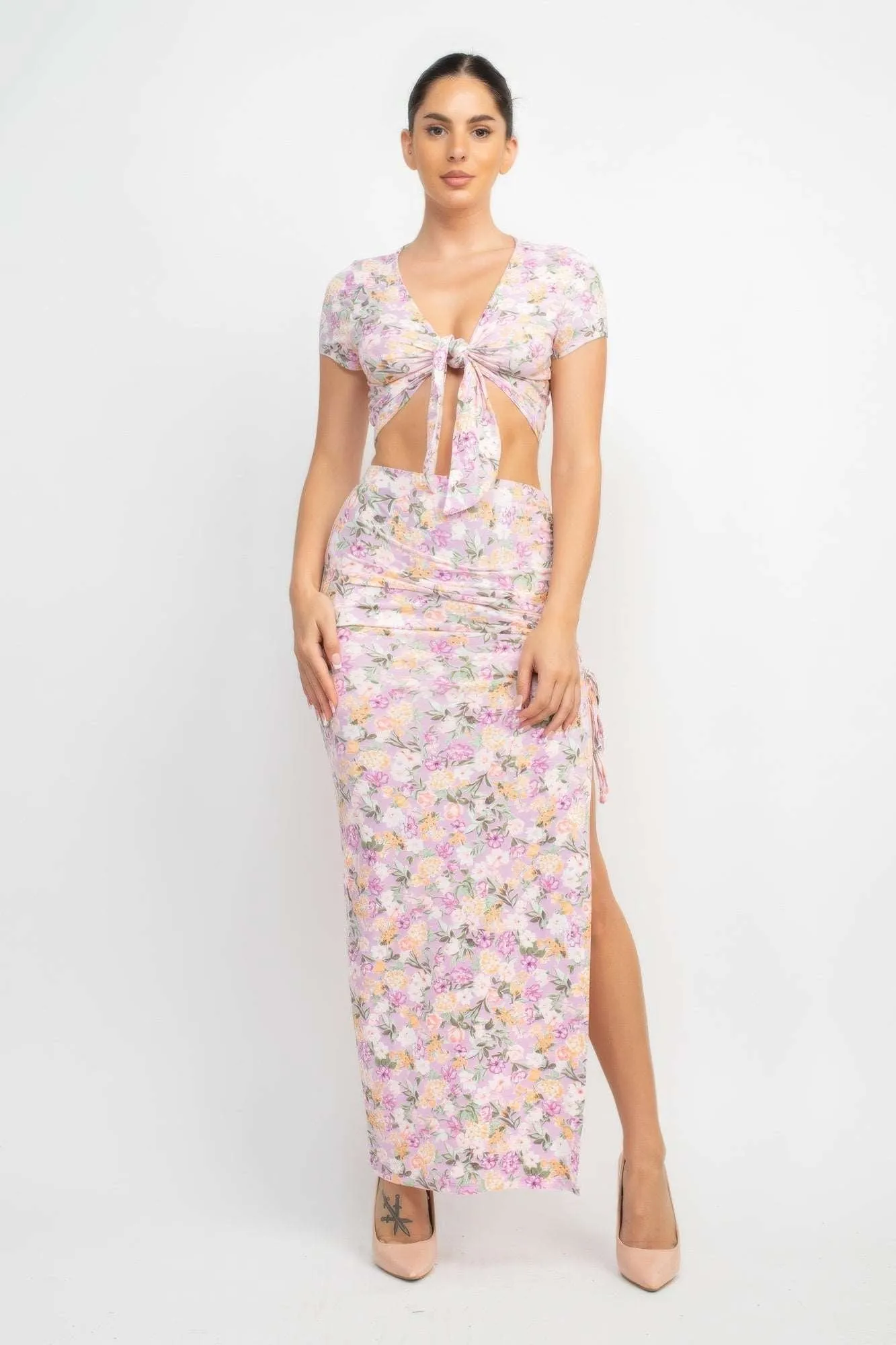Front Knot Floral Top & Ruched Maxi Skirts Set Trendy Floral Print Flattering Comfort & Style
