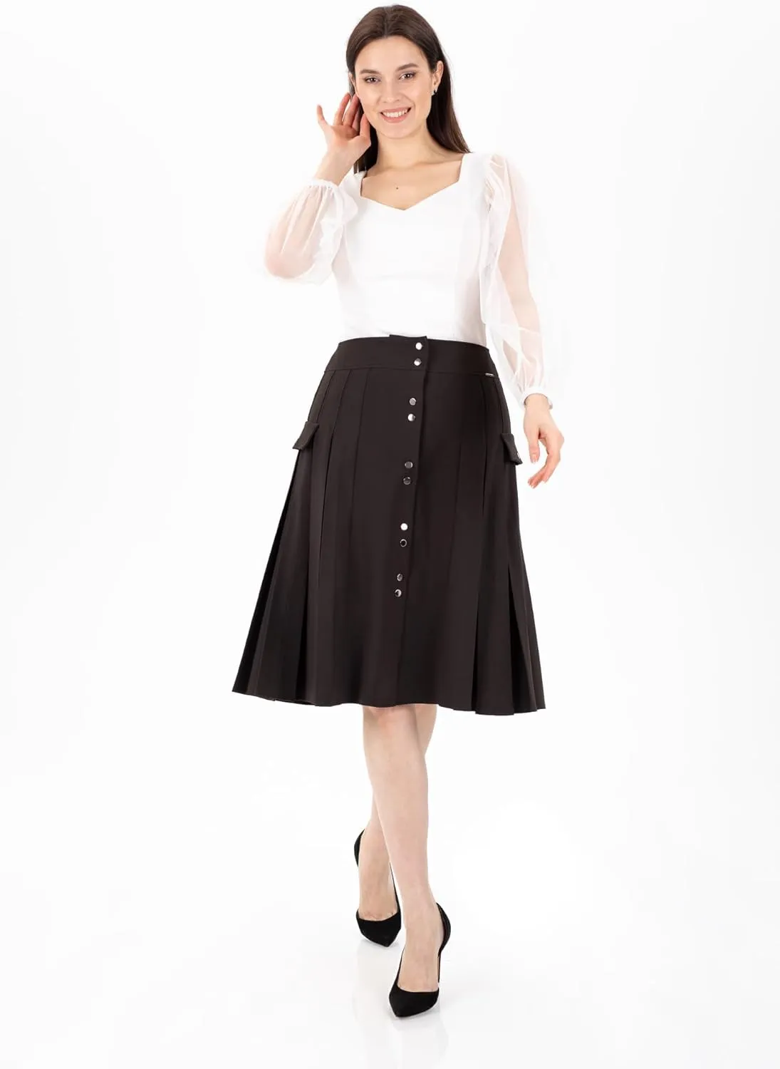 G-Line Pleated Button-Front Midi Skirt, Pleated Midi Skirts for Women, High Waisted Skirts, Long A Line Skirt for Women
