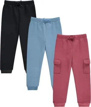 Girls' Cotton Blend Jogger Pants Set - Comfortable, Stylish, and Durable - Pack of 3 with Drawstring