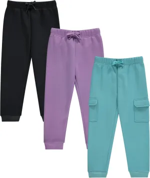 Girls' Cotton Blend Jogger Pants Set - Comfortable, Stylish, and Durable - Pack of 3 with Drawstring