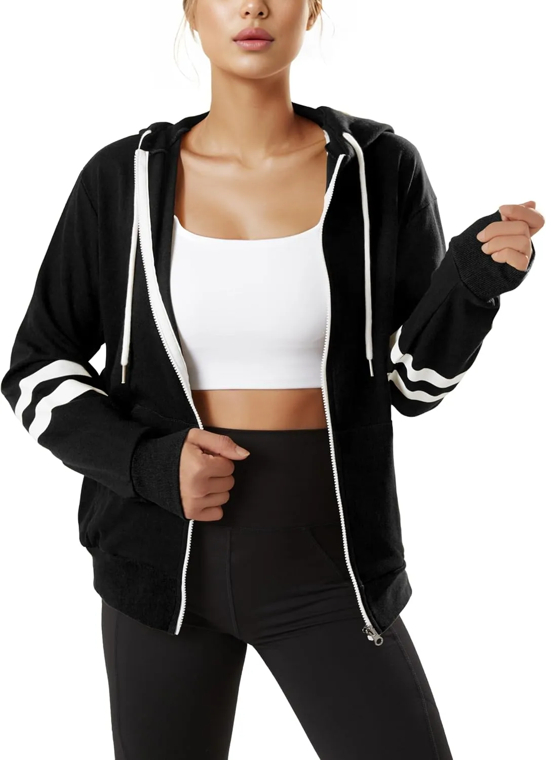 GIVON Womens Comfortable Long Sleeve Striped Hoodie Jacket Lightweight Hooded Sweatshirt with Kanga Pocket